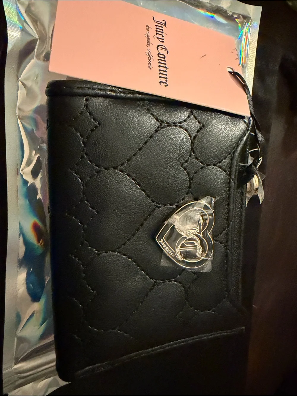 Juicy Couture Black Quilted Heart Zip Card Holder with Heart Charm